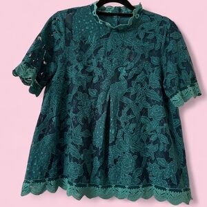 Anthropologie HD in Paris Teal Peacock Lace Top | Women’s 4 | Short Sleeve Lined